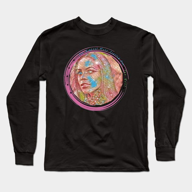 COMING SOON! YOU CAN REQUEST TO HAVE THE GOLDEN DESIGN REMOVED  TO REVEAL A CLEARER VERSION OF HER FACE. YOU CAN ALSO  CHANGE THE PINK CIRCLE OUTLINE COLOR, REMOVE THE SPARKLES, OR ADD TEXT (AT YOUR REQUEST). Long Sleeve T-Shirt by Blue Ocean Vibes